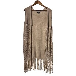 ALYX Women 1X Beige‎ Knit Crochet Fringe Open Front Long Vest Cardigan Retro